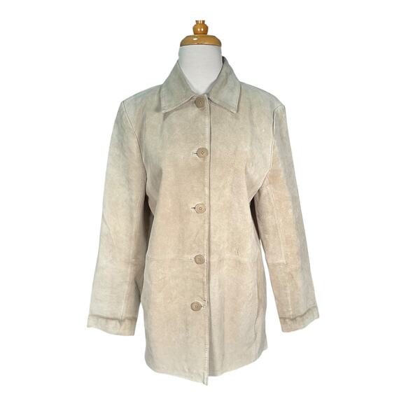 Bernardo Tan Genuine Leather Button Coat L Lined Pockets Classic Minimalist - Picture 13 of 15